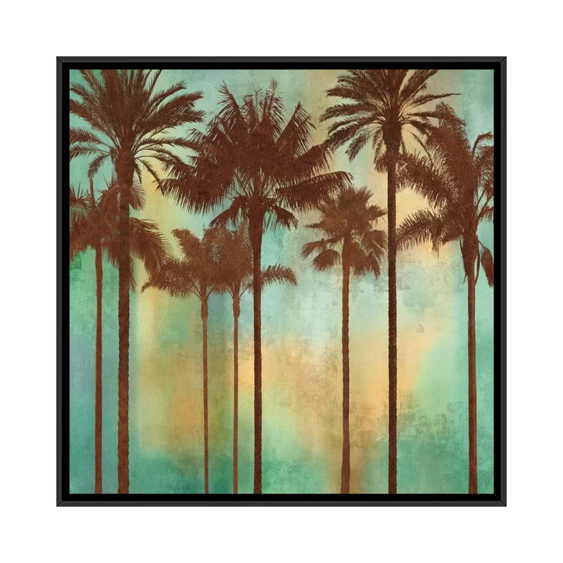 «Aqua Palms II» par John Seba, impression sur toile, H 18 po x l 18 po x P 1,5 po, Toile avec cadre noir, Pas de tapis
