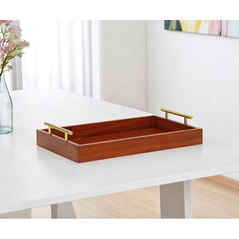 Normant 16" Brown And Gold Solid Wood Handmade Serving Tray With Handles