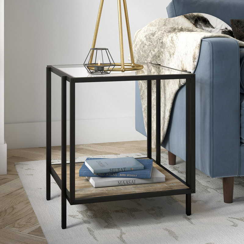 Vireo Glass Top End Table, Blackened Bronze/Limed Oak