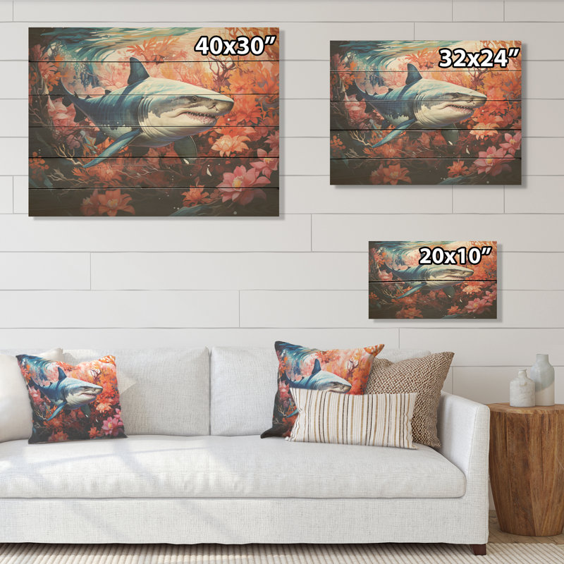 Paysage de rencontre avec un requin citron - corail sous l'eau sous l'eau, art mural sur bois de pin naturel