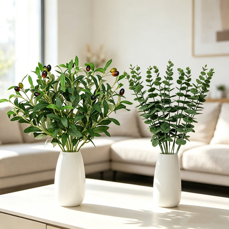 23,6 po branches d'olivier artificielles, paquet de 4 branches d'olivier soyeuses avec 12 tiges d'eucalyptus, plantes artificielles de ferme réalistes toute l'année pour centre de table de vase, décoration de bureau personnel