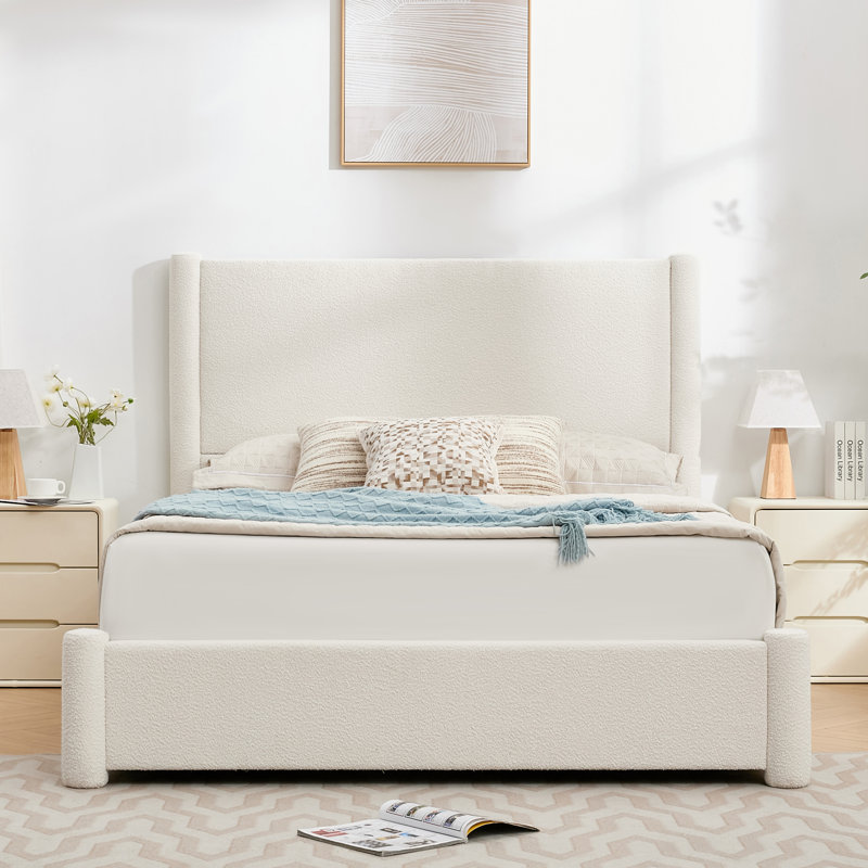 Juanetta 51.8" High Headboard Upholstered Platform Bed With 2 Large Wooden Storage Drawers, White, Queen Size, Queen, White