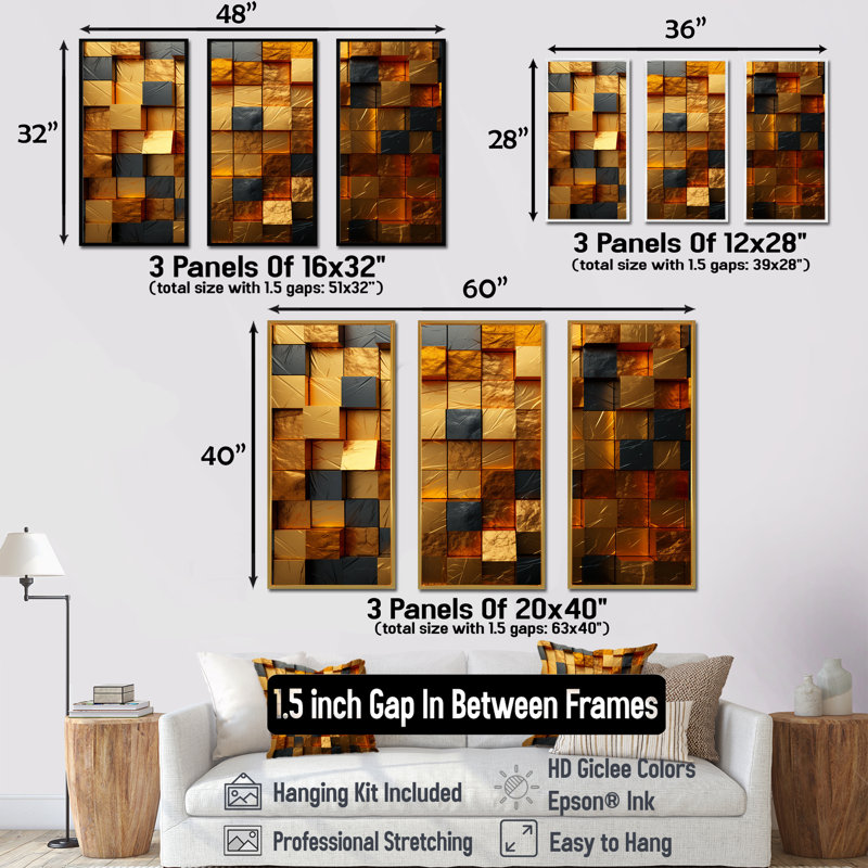 Cubes dorés abstraits géométriques IV - art mural géométrique, H 28 po x l 36 po x P 1 po, Cadre flottant noir