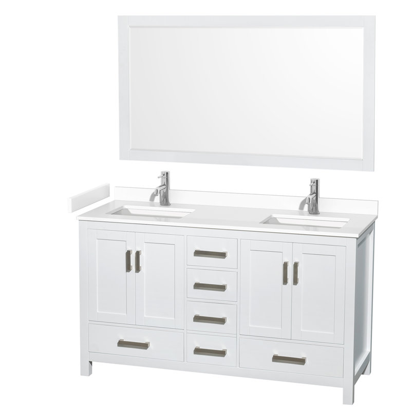 Sheffield 60" Freestanding Double Bathroom Vanity with Cultured Marble Top with 58" Mirror, White Cultured Marble, White