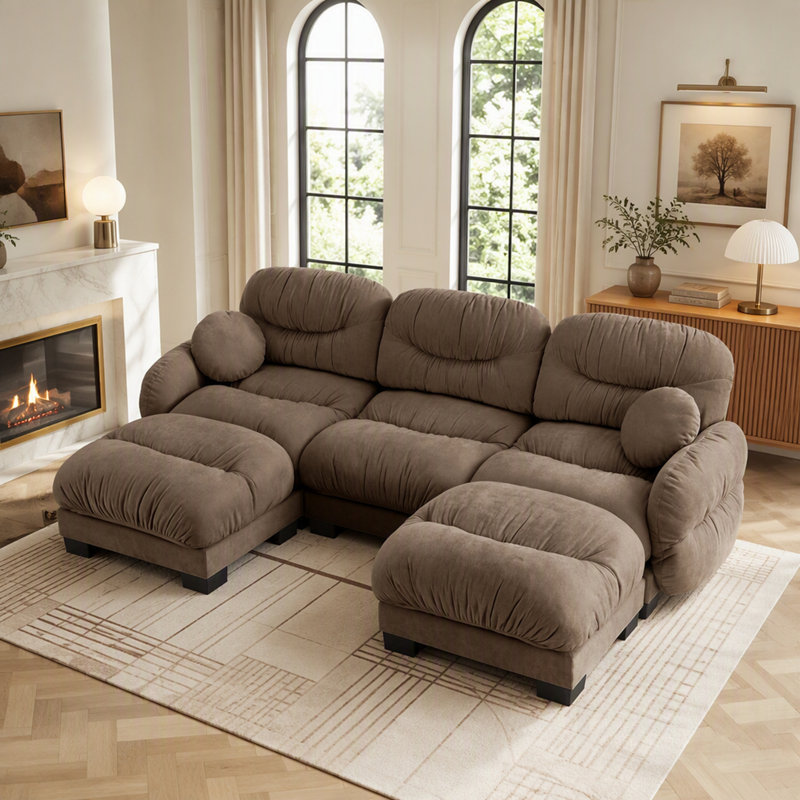 Canapé d'angle modulaire 3 places en tissu chenille confortable au design plissé, avec mousse ergonomique haute densité et 2 poufs.