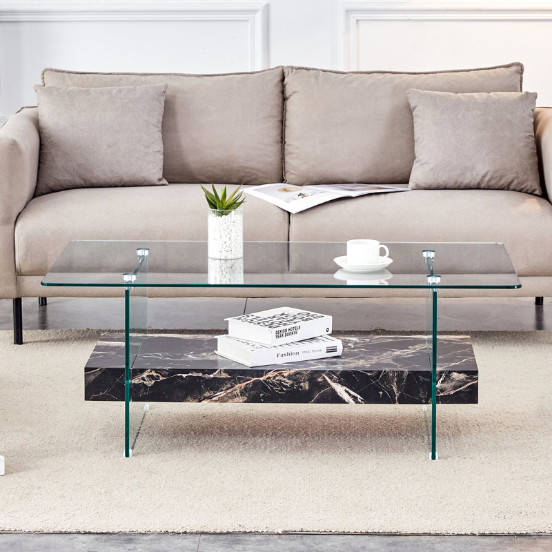Table basse rectangulaire flottante double couche, pieds en verre noir, pieds en verre noir, Noir