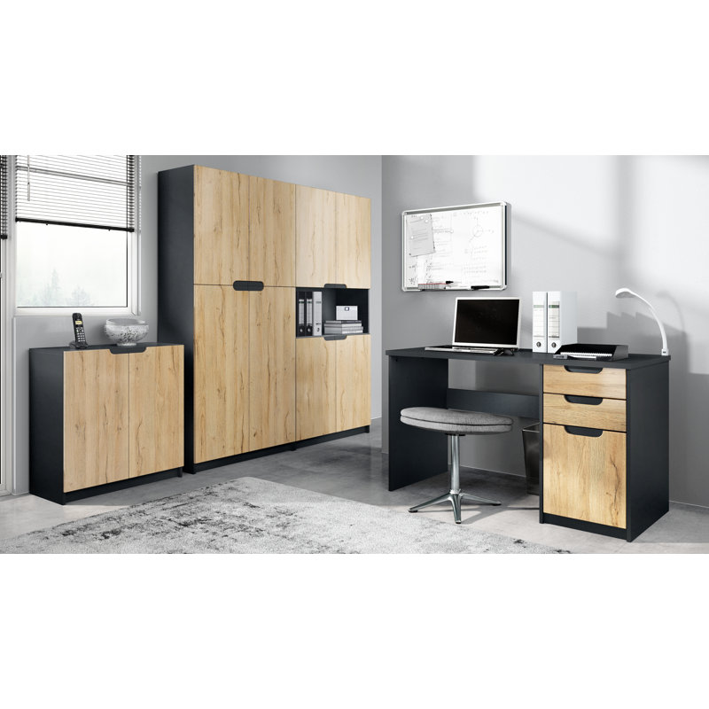 Mazeppa 3 Piece Writing Desk Office Set, Oak Nature/Black Base