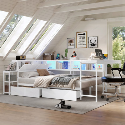 Corner Bed Frame Queen Size With Bookcase, 2 Underbed Storage Drawers; Slat Kit, LED Light, And Charging Station, Space-Saving And Functional