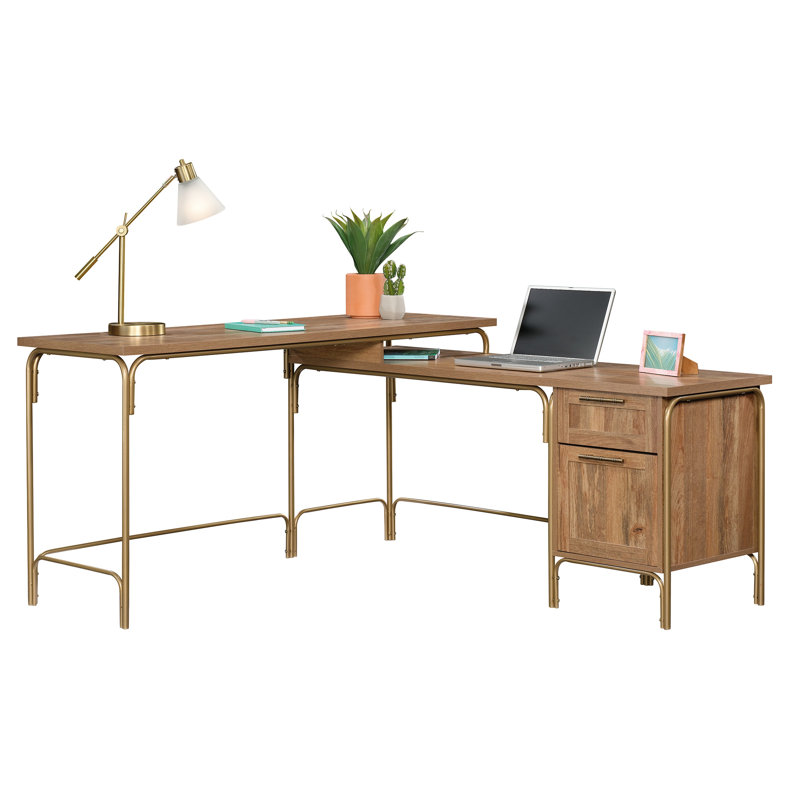 Bureau en L, brun et finition dorée