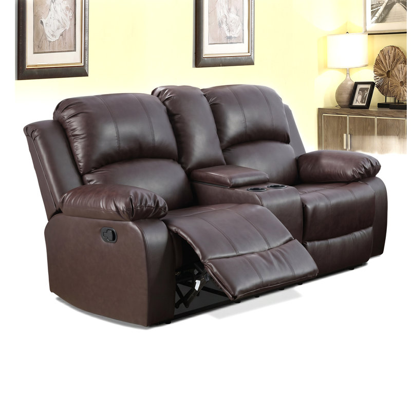 Causeuse inclinable à 2 places pour cinéma maison, canapé double inclinable manuel en similicuir brun foncé avec console de rangement et porte-gobelets