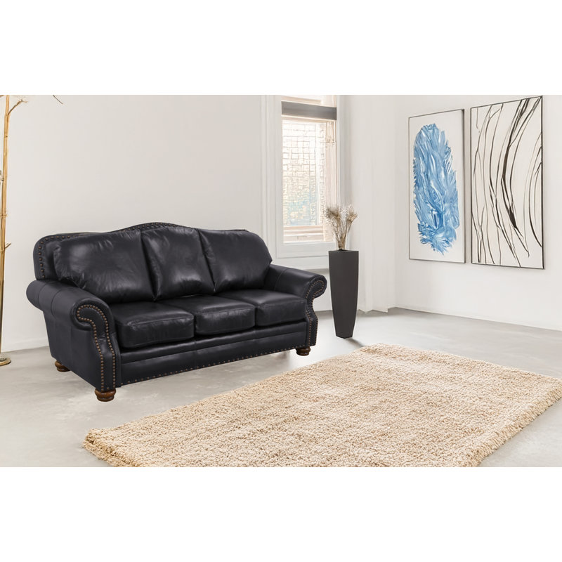 Somto 96" Genuine Leather Rolled Arm Sofa, Burnham Black Genuine Leather