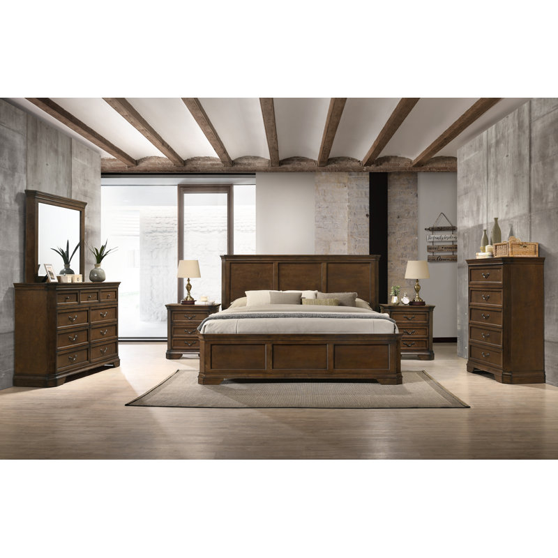 Ailany 6 Piece Bedroom Set, King, Antique Walnut, 6 Pcs: Bed, 2 Nightstands, Dresser, Mirror, Chest