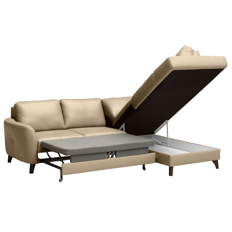 Migues Leather Corner Sofa with Sleeping Function and Storage, Right Hand Facing, Beige