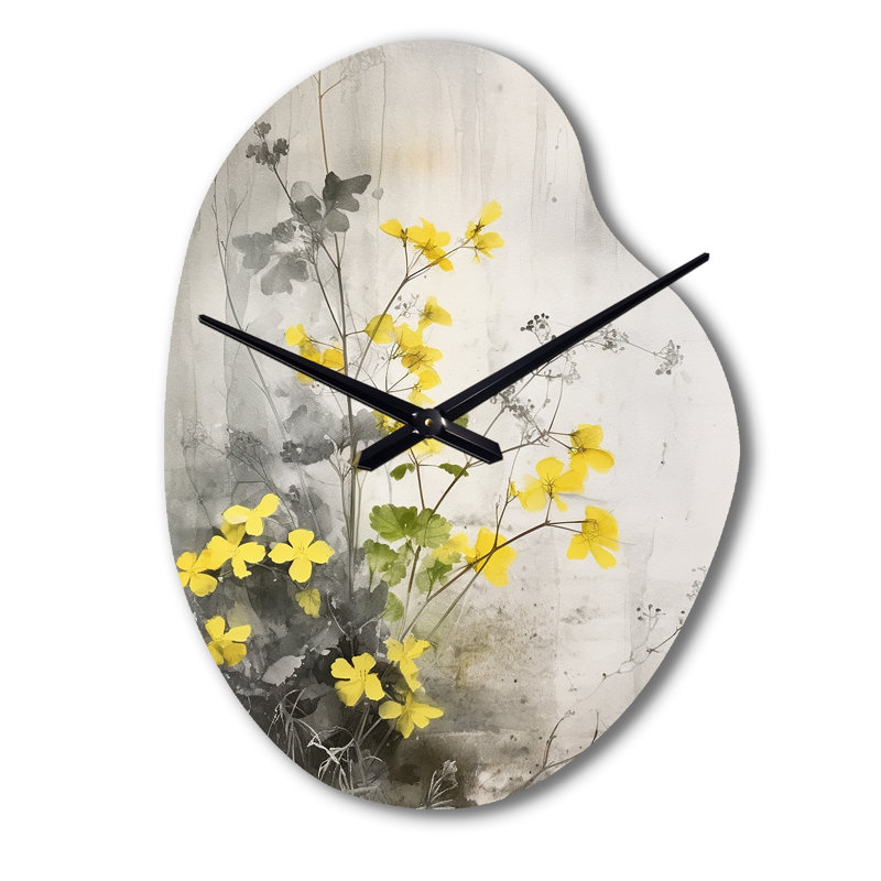 Horloge murale jaune et jaune avec motif floral et forme irrégulière, Petit