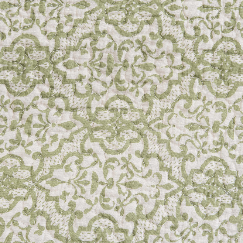 Gray and Green Cotton Reversible Full Quilt with Botanical Print