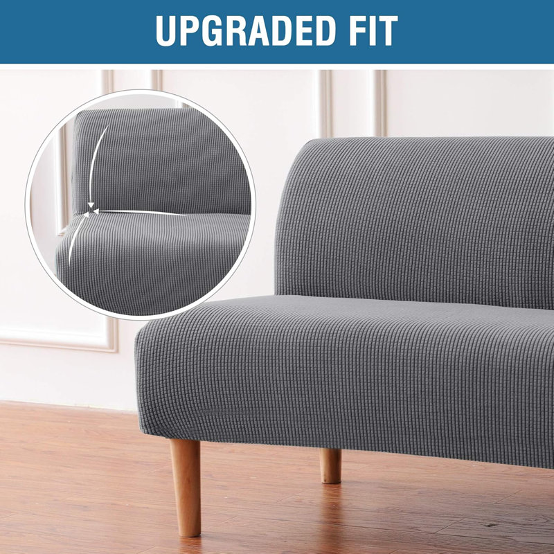 Armless Futon Cover Stretch Sofa Bed Slipcover Protector Elastic Feature Rich Textured High Spandex Small Checks Jacquard Fabric Futon Cover, Machine Washable