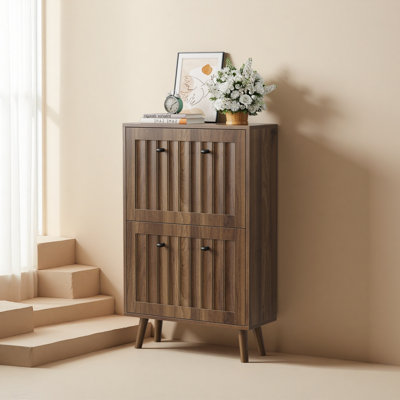 Medieval-Style Modern Shoe Cabinet, Upright Shoe Storage Unit With Vertical Grooved Finish, 23.6-Inch Walnut-Colored Shoe Cabinet
