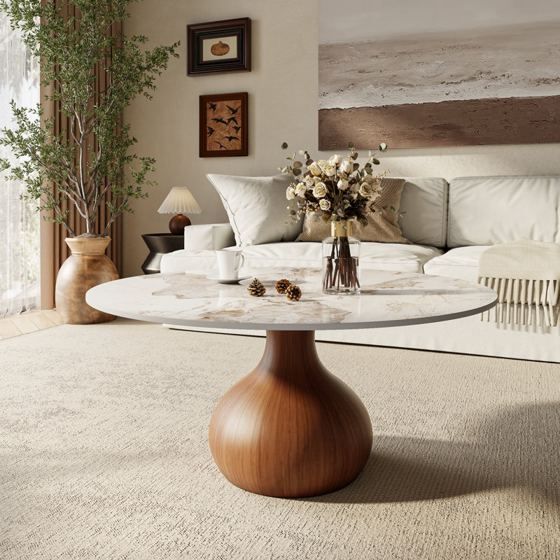 Mid-Century Modern Round Coffee Table Stone Marble Effect With Solid Wood Base For Living Room & Home Decor
