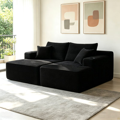 Canapé modulaire 75 po Cloud, méridienne en L avec méridienne en forme de R avec assise profonde et confortable canapé 2 places pour salon moderne (tissu moelleux), noir, porte-gobelet