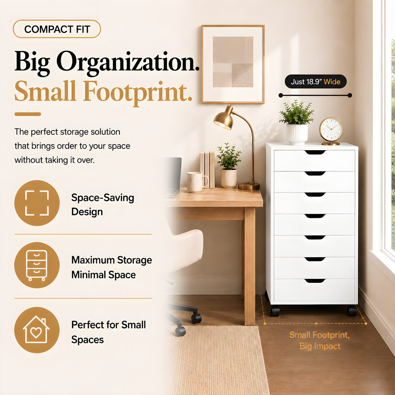 7-Drawer File Cabinet with Storage, Rolling Organizer for Office Supplies, Documents & Craft Materials, Modern Multi-Purpose Drawer Unit for Home Office, Study, Apartment
