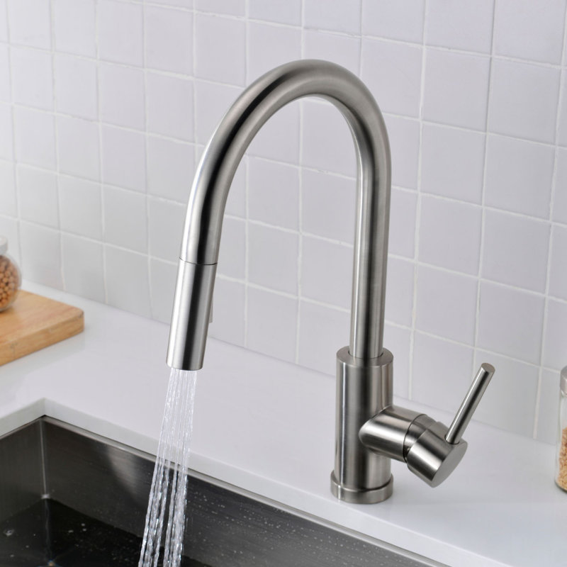 Robinet de cuisine rétractable à une poignée et deux modes, Nickel brossé
