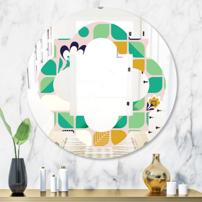 Miroir mural sans cadre à motif géométrique quadrilobe avec feuilles et fleurs