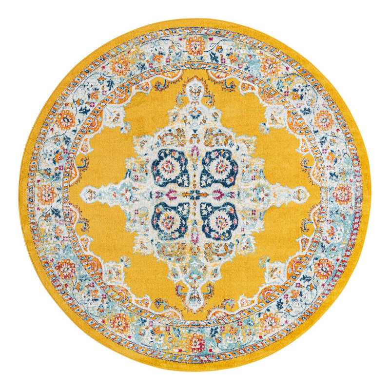 Tapis oriental jaune Armgard, Rond 7 pi 10 po