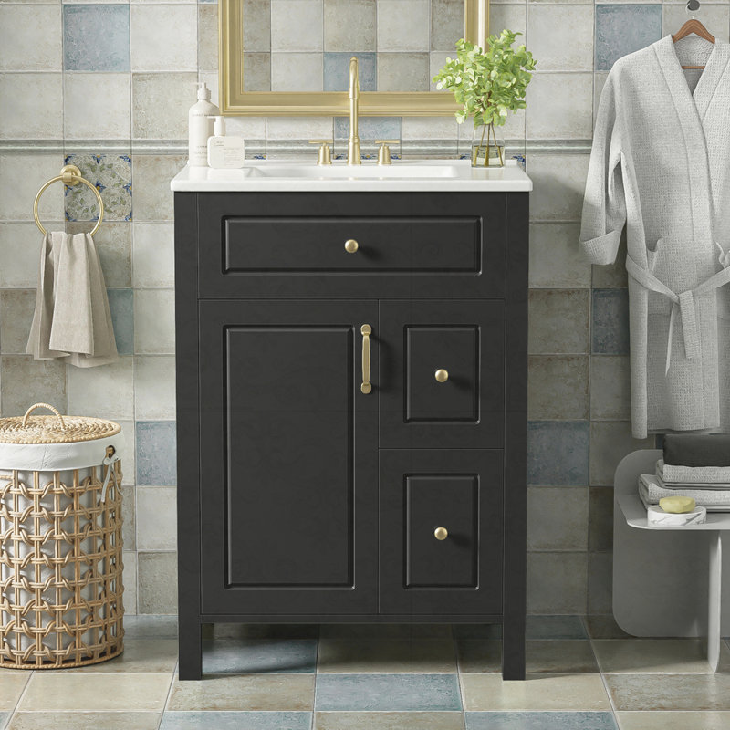Meuble-lavabo de 24 pouces avec lavabo en céramique, 1 porte à fermeture en douceur, 2 tiroirs à fermeture en douceur et 2 supports de rangement sur la porte