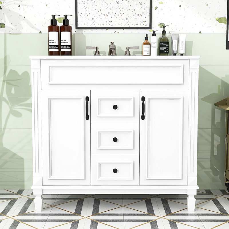 Meuble-lavabo de salle de bain avec lavabo, tablettes de rangement, tiroirs et portes, Blanc
