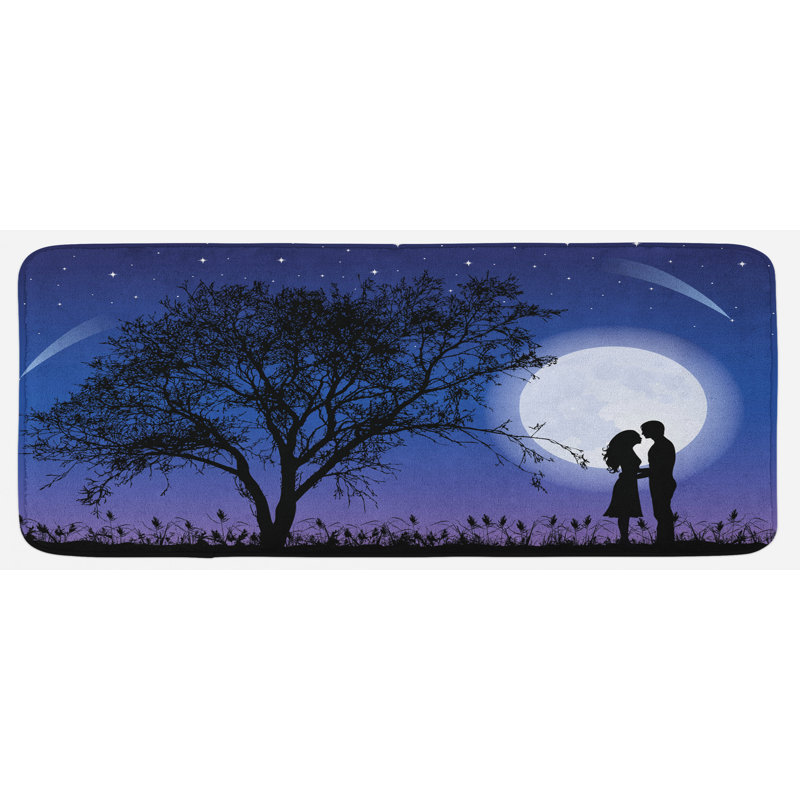 Tapis de cuisine bleu ciel avec une composition romantique avec l’arbre en ciel plein lune et la femme moulant noir