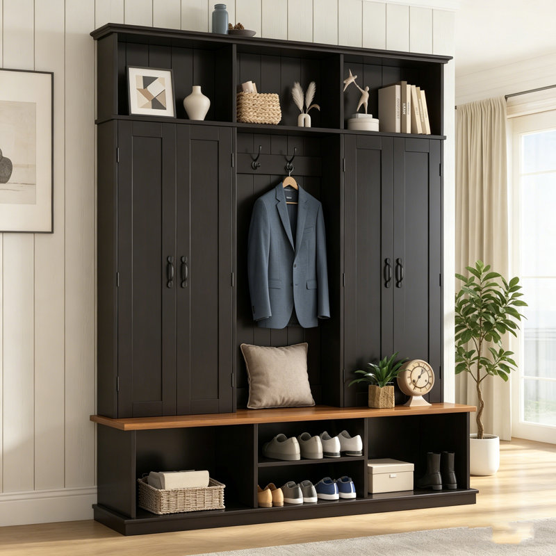 62.2''W Farmhouse Hall Tree With Bench, 3 Top Cubbies & Bottom Storage, Coat Rack With Hooks & Cabinets For Entryway/Hallway/Mudroom/Living Room