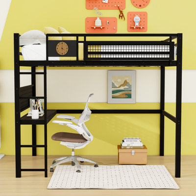 Lit mezzanine en métal avec bureau, panneau perforé, panier de rangement, horloge et port de charge