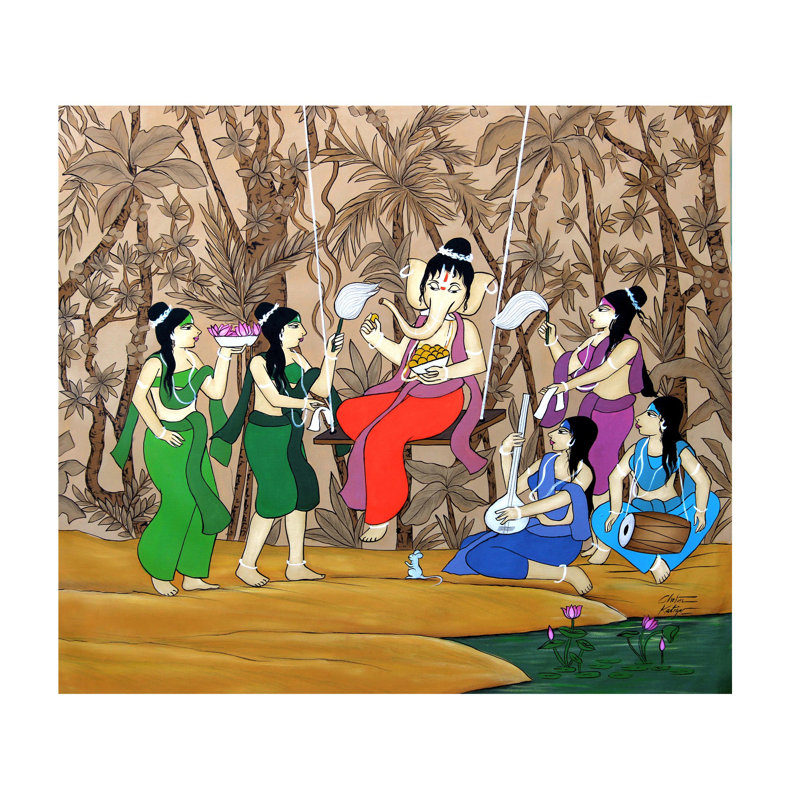 Lord Ganesha se balançant autour d'Apsaras | Acrylique sur toile