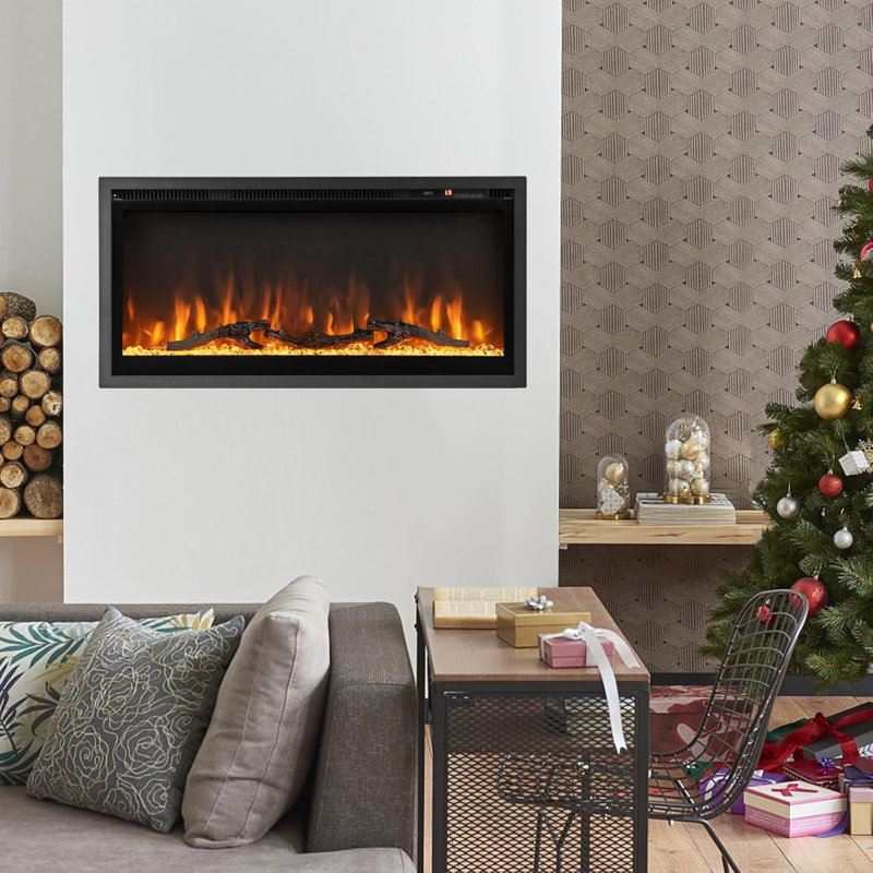 36 in. Recessed & Wall Mount Electric Fireplace in Black with Remote, Adjustable Color & Brightness, Freestanding