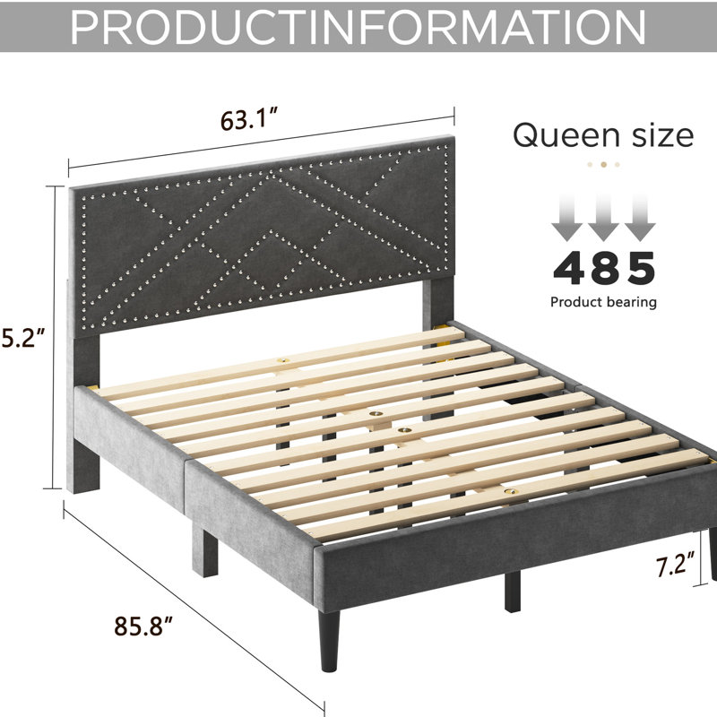 Structure de lit grand électrique avec tête de lit en lin et structure silencieuse, espace de rangement sous le sommier, sans sommier, 485 lb, tête de lit gris anthracite gris anthracite