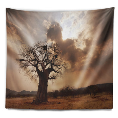 Tapisserie paysage grand baobab sous les nuages