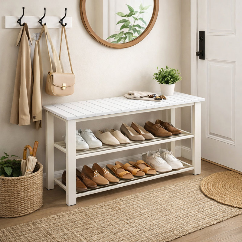 Wood Top Shoe Storage Bench with 2-Tier Storage for Entryway, White