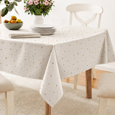 Violet Linen Silky Celestial Gold Stars Pattern, Polyester, Metallic Golden Shine, Gold , 60 inch by 102 inch, Seats 8 to 10 people, Rectangular Tablecloths
