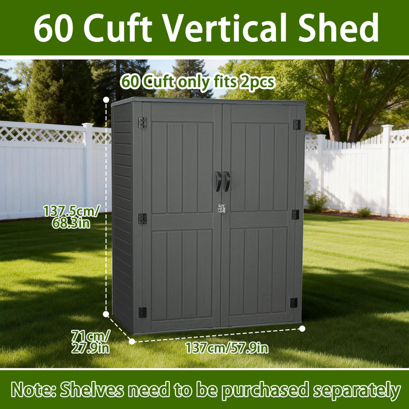 EHHLY Vertical 5.6x2.3ft HDPE Storage Shed, Waterproof UV Resistant Lockable, Gray