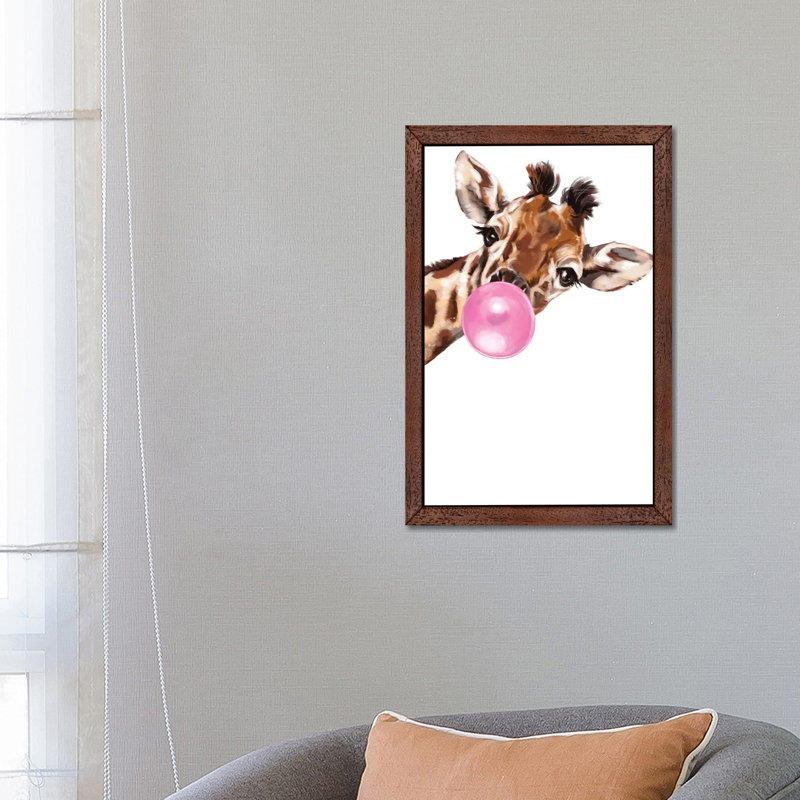 Sneaky Giraffe Blowing Bubble Gum by Big Nose Work - Print on Canvas, Brown Framed, 66.04 cm H x 45.72 cm W