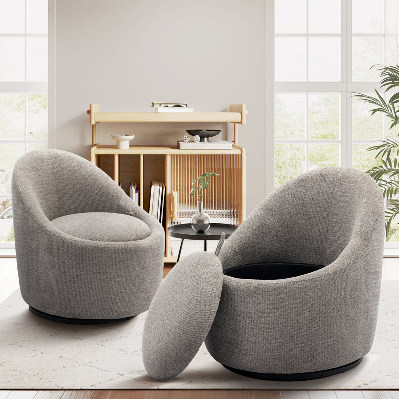 Modern Small Barrel Swivel Accent Chair with Hidden Storage,No installation required, Light Grey Fabric