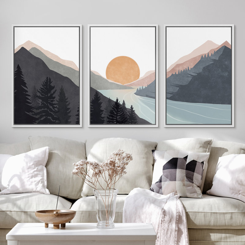 «Sun Mountain Landscape Range Abstract Lake Nature», ensemble de 3 reproductions d'art sur toile encadrées, Blanc