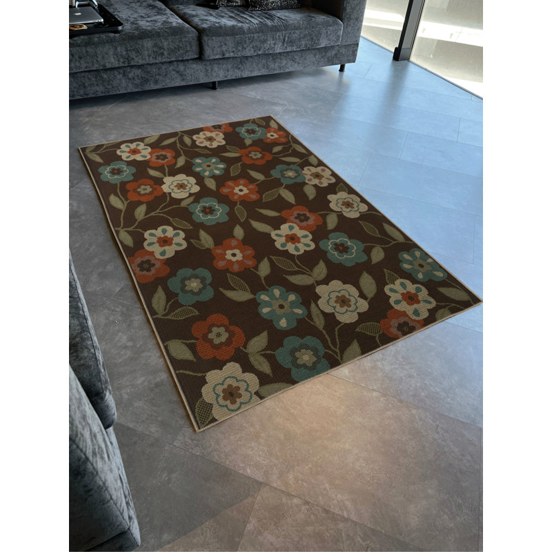 Tapis décoratif moderne et multicolore brun à motif de roses multicolores, Rectangle 3 pi 4 po x 5 pi