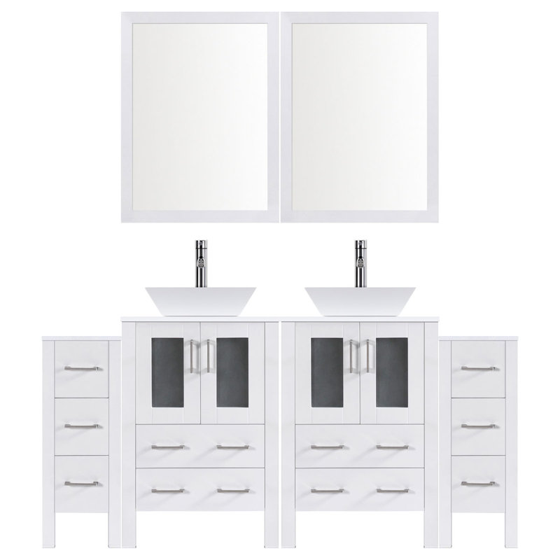 Ensemble de meuble-lavabo de salle de bain double 72 po avec miroir modern, Blanc