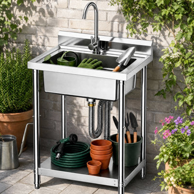 23"W Compact Utility Sink 18/8 Stainless Steel Portable Ergonomic Sinks With 4-Height Adjustable & 360° Swivel Faucet Laundry Room Kitchen Garage Outdoor BBQ RV Basement Hobby Room Bathroom