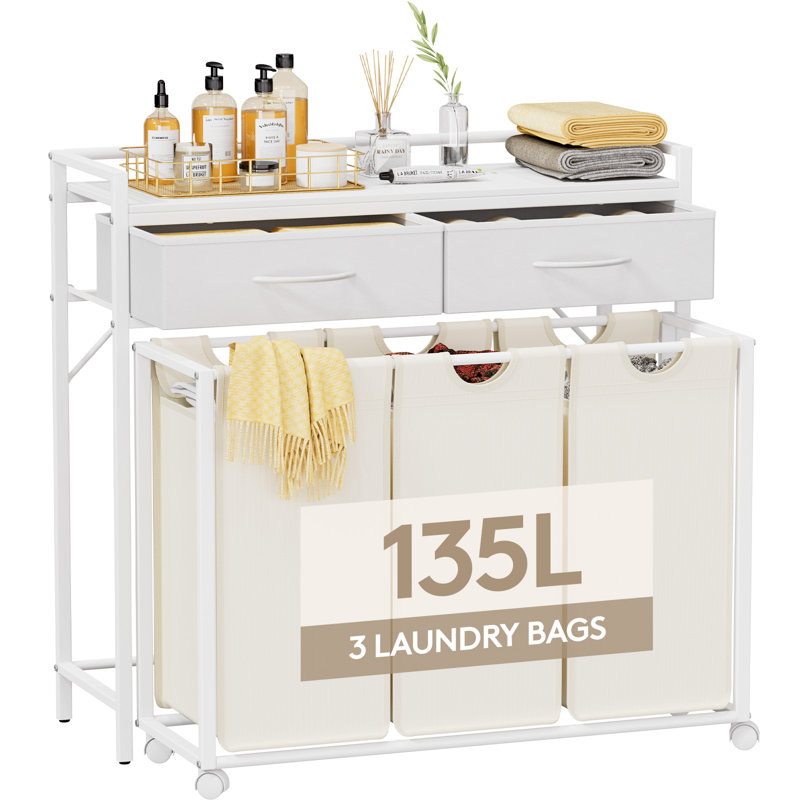Laundry Hamper 3 Section, Large Rolling Laundry Sorter With Shelf & 2 Drawers, Pull-out Laundry Basket Organizer With Wheels And Removable Bag For Laundry Room Bathroom