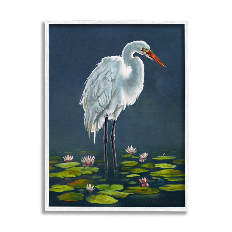 53_Egret, oiseau debout, nénuphar, étang bleu profond, art mural en toile par Lucca Sheppard, H 20 po x l 16 po