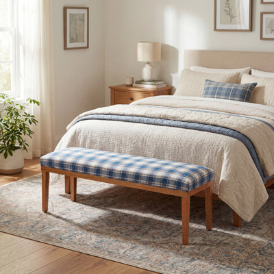 Banc de chambre rembourré à carreaux bleu de 53 po, base de lit en bois avec siège en tissu pour la chambre à coucher, tabouret de siège de lit