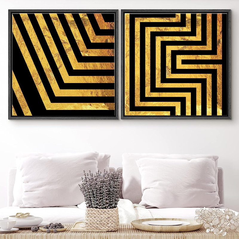 Geometric Line Framed On Canvas 2 Pieces Print, Black Framed, 16" H x 32" W x 1.5" D