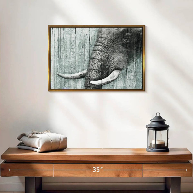 Elephant On Textured Wood, 19" X 13", Floating Frame Gold
